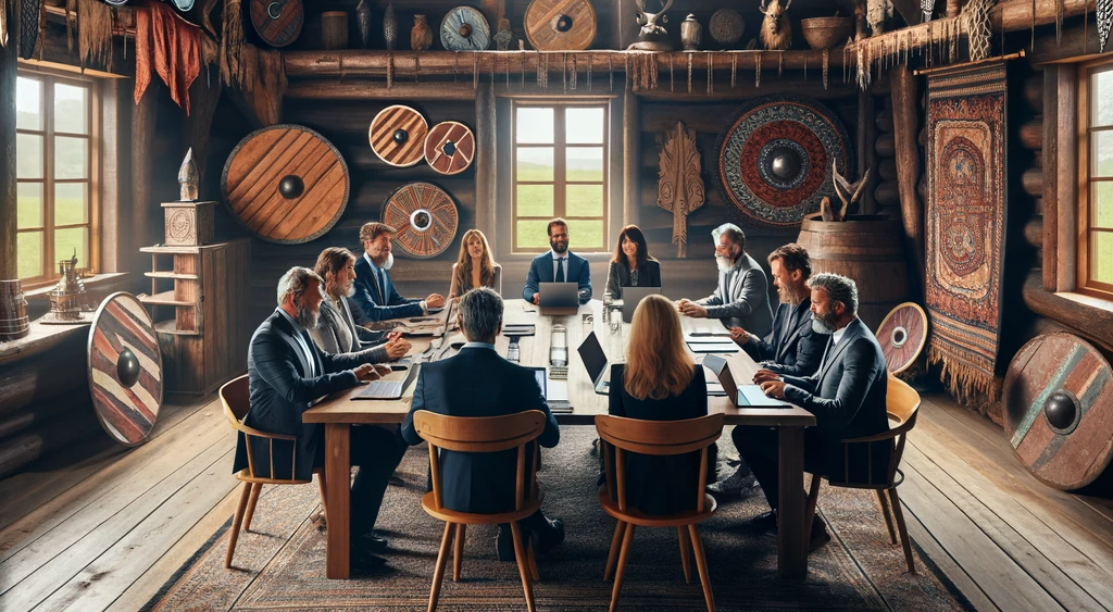 Directors seated around a large wooden table in a Viking longhouse for a board meeting