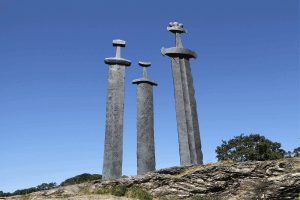 Three giant bronze swords set into the rock at Sverd i Fjell, the Battle of Hafrsfjord monument near Stavanger, Norway