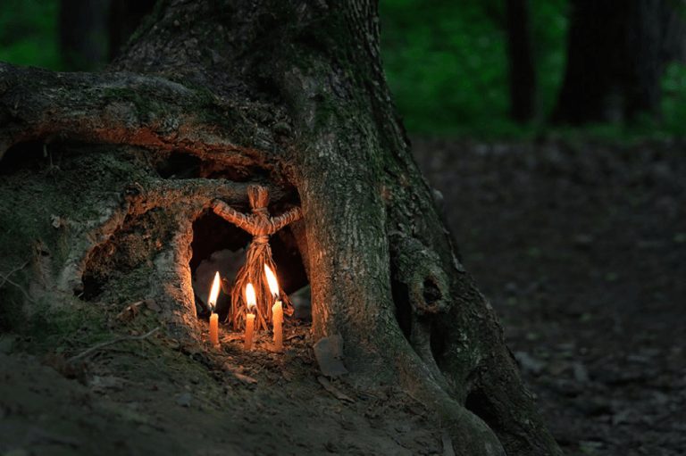 tree with candles and carving