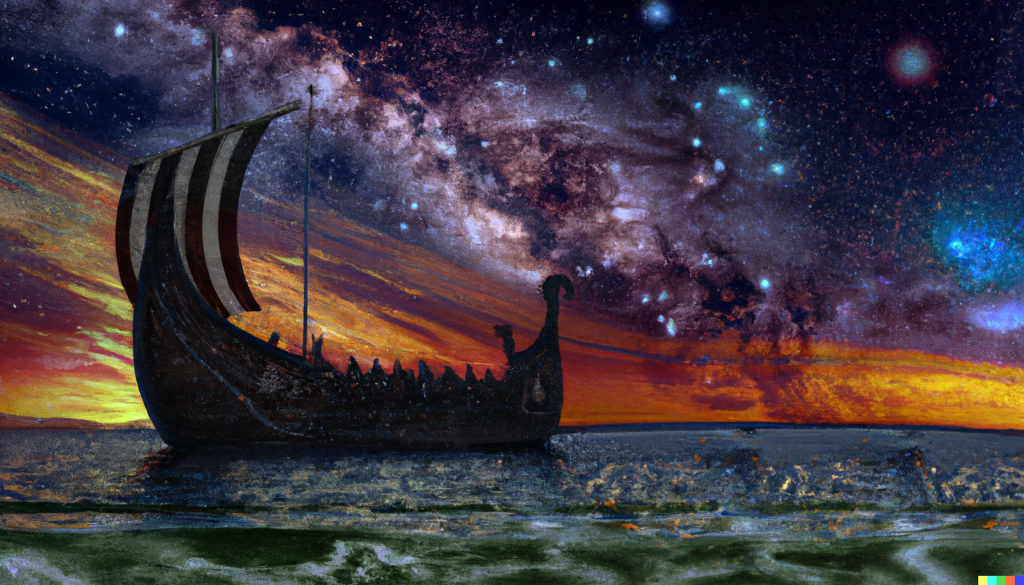 viking longship sailing at night by starry sky