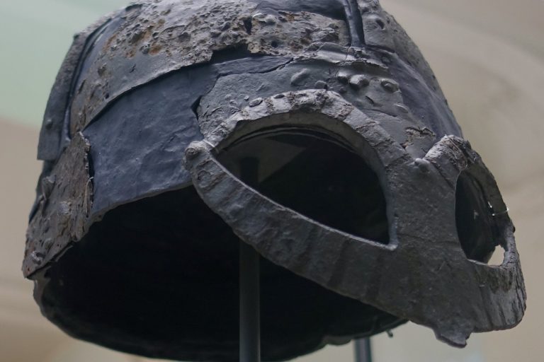 The Gjermundbu helmet, a Viking Age iron helmet with a spectacle eye guard and no horns, on display in Oslo