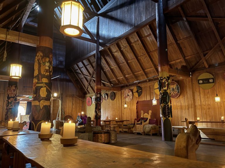 Interior of a reconstruction of a Viking Age feast/banquet/party hall