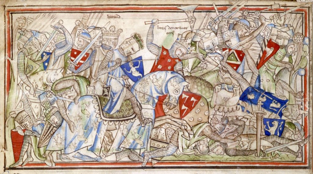 Medieval manuscript drawing of the Battle of Stamford Bridge: mounted knights and soldiers in mail clash, with Harald Hardrada falling among them