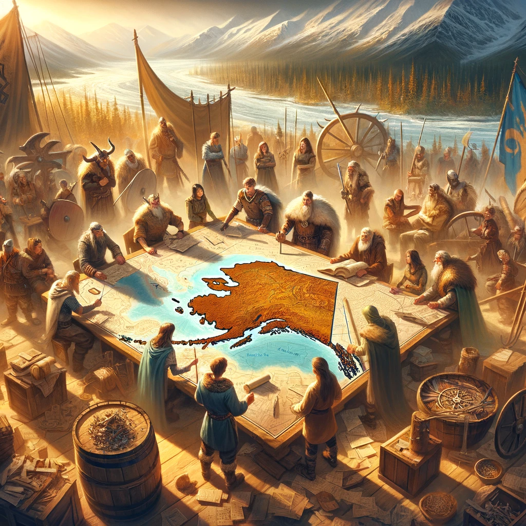 A group of diverse individuals, representing various roles, gathered around a rustic map of Alaska in a Viking-themed setting, symbolizing community involvement in Asgard Alaska