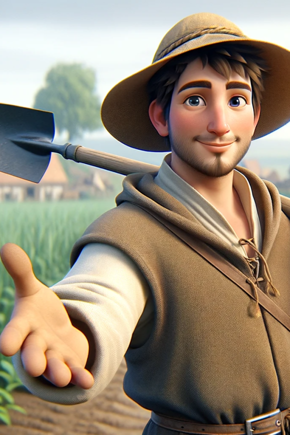 Animated commoner with a friendly smile, extending a hand in invitation, holding a shovel over the shoulder, standing in a lush field with a quaint village in the background.