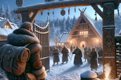 A traveler in a fur-trimmed coat arriving at a Viking village on a snowy evening.