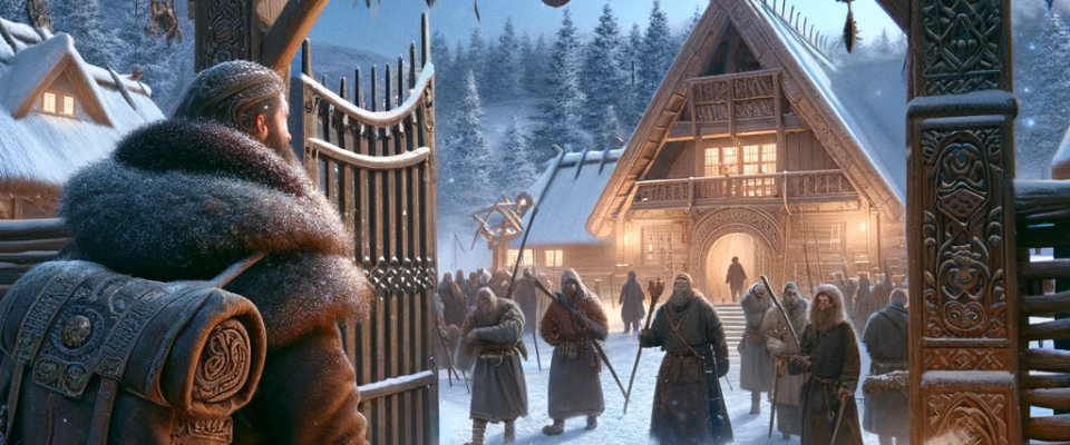 A traveler in a fur-trimmed coat arriving at a Viking village on a snowy evening.