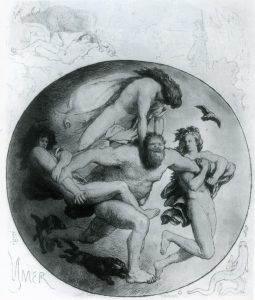 Drawing of Odin, Vili, and Ve wrestling the giant Ymir to his death, by Lorenz Frølich