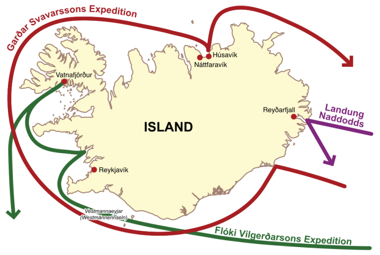 Map of Iceland showing where the first Vikings landed.