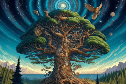 An elaborate digital painting of Yggdrasil, the cosmic tree from Norse mythology