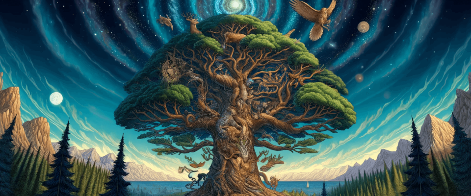 An elaborate digital painting of Yggdrasil, the cosmic tree from Norse mythology