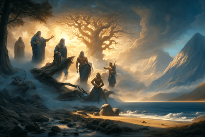 Digital painting of the Norse gods on a foggy shoreline with Yggdrasil in the background, as they give life to the first humans.