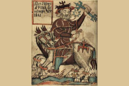 Odin riding his 8-legged horse, Sleipnir, while holding his enchanted spear Gungnir.