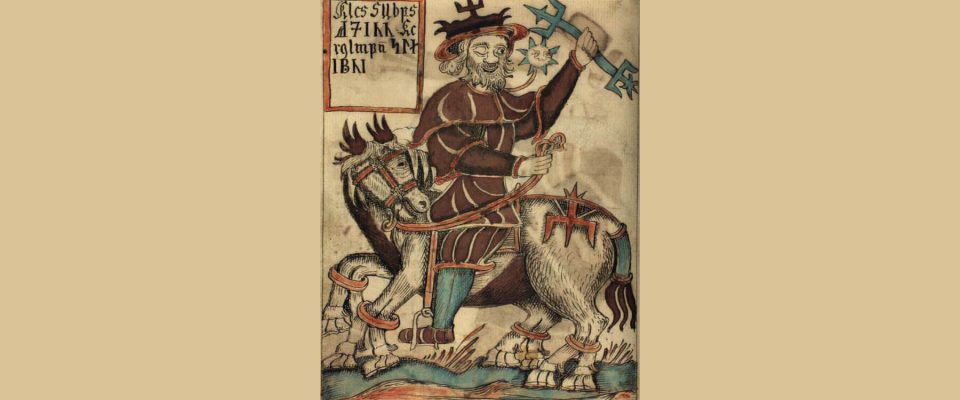 Odin riding his 8-legged horse, Sleipnir, while holding his enchanted spear Gungnir.