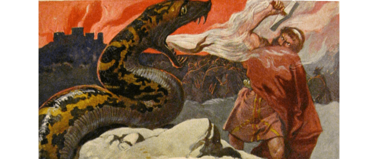 Thor, the common man's god, vs Midgarsormr: one depiction of Vikings and Dragons
