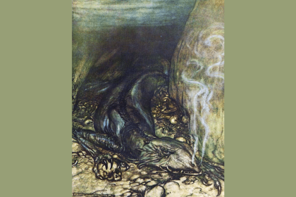 Fafnir the dragon, who is also the dwarf king Hreidmar's son, guards the gold hoard. Illustration to Richard Wagner's Siegfried.