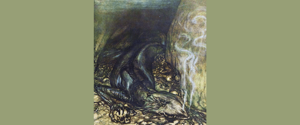Fafnir the dragon, who is also the dwarf king Hreidmar's son, guards the gold hoard. Illustration to Richard Wagner's Siegfried.