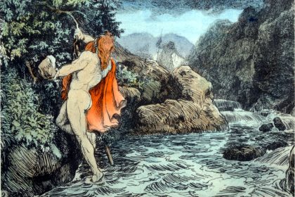 Thor holds a rowan branch and prepares to throw a rock at Gialp. Lorenz Frølich, Public domain, via Wikimedia Commons