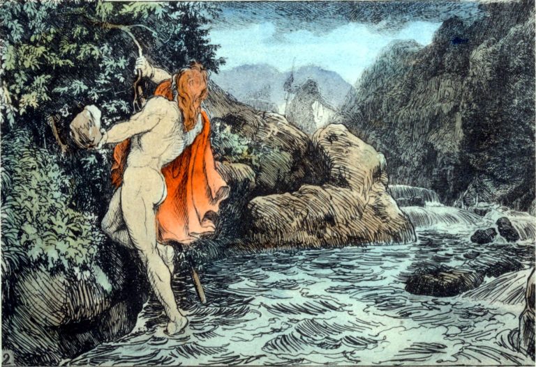 Thor holds a rowan branch and prepares to throw a rock at Gialp. Lorenz Frølich, Public domain, via Wikimedia Commons