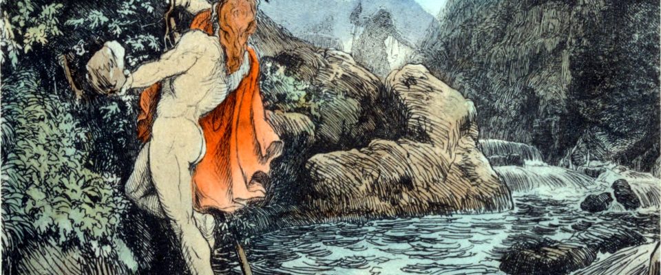 Thor holds a rowan branch and prepares to throw a rock at Gialp. Lorenz Frølich, Public domain, via Wikimedia Commons