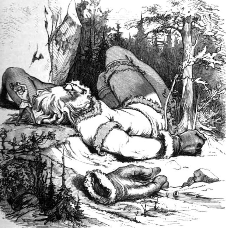 Thor and the sleeping Skrymir, a large man