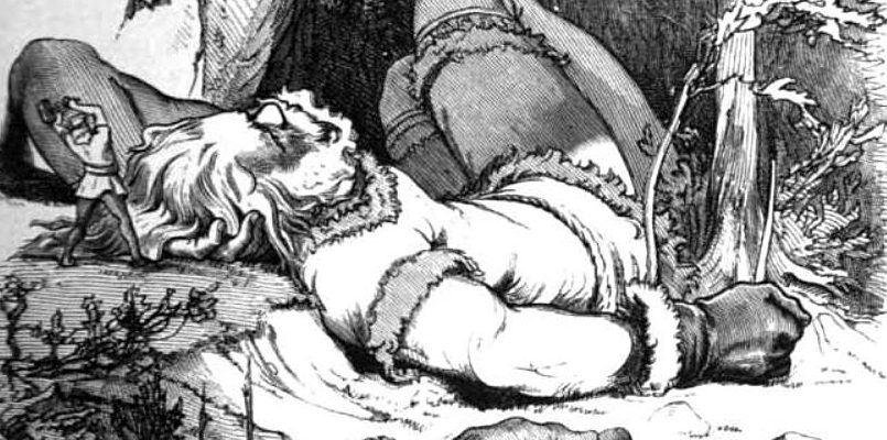 Thor and the sleeping Skrymir, a large man