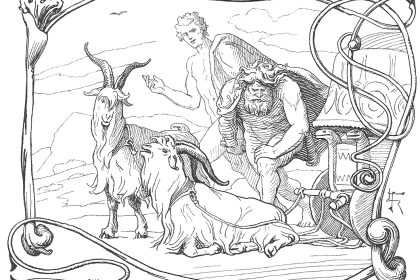 Tanngrisnir, Tanngnjóstr, and Thor: After defeating Hymir and his many-headed army, Thor discovers that one his goats is lame in the leg. Týr watches on.