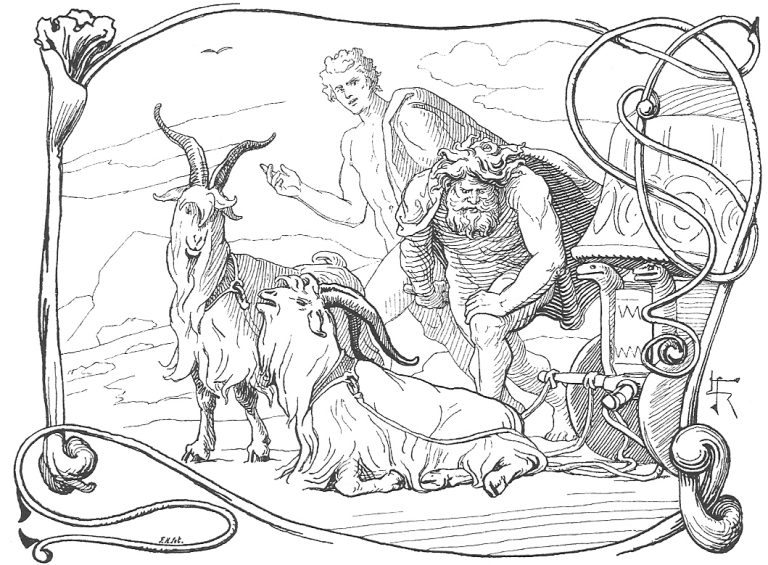 Tanngrisnir, Tanngnjóstr, and Thor: After defeating Hymir and his many-headed army, Thor discovers that one his goats is lame in the leg. Týr watches on.