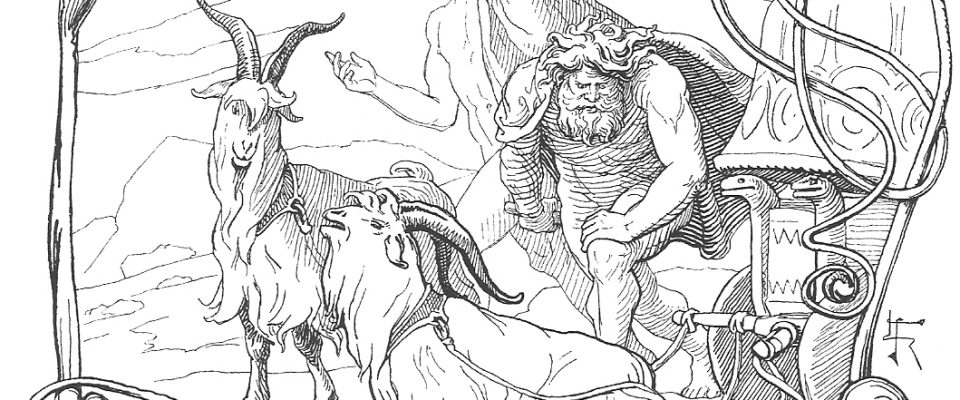 Tanngrisnir, Tanngnjóstr, and Thor: After defeating Hymir and his many-headed army, Thor discovers that one his goats is lame in the leg. Týr watches on.