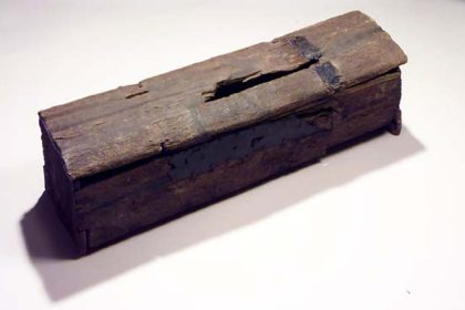 The Mästermyr chest, a wooden Viking Age tool chest bound with iron, from Gotland, Sweden
