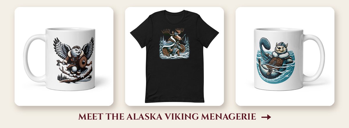 Alaska Viking Menagerie tee and mugs from the Odin's Offerings store