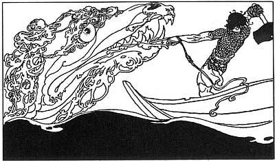 Thor hooks Jormungandr. Padraic Colum (author) Willy Pogany (illustrator), Public domain, via Wikimedia Commons