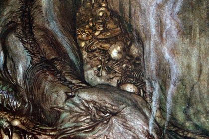 The dragon Fafnir asleep on the gold hoard. Arthur Rackham, 1911