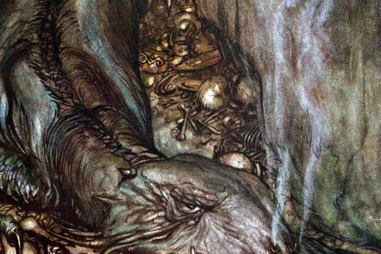 The dragon Fafnir asleep on the gold hoard. Arthur Rackham, 1911