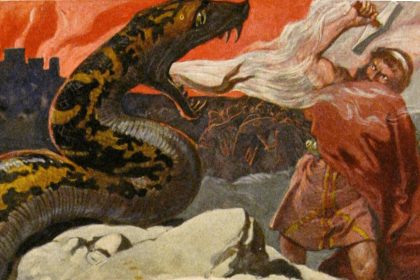 Thor, the common man's god, vs Midgarsormr: one depiction of Vikings and Dragons