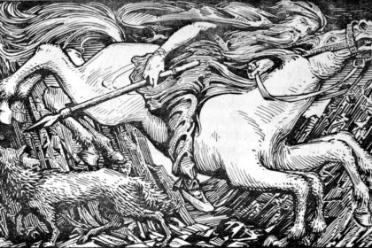 Odin rides Sleipnir to Hel. W. G. Collingwood, 1908