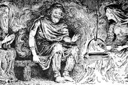 Heimdall, travelling as Rig, visits Great-grandfather’s cottage. W. G. Collingwood, 1908