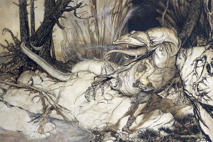Sigurd slays the dragon Fafnir. Arthur Rackham