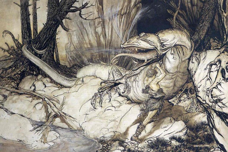 Sigurd slays the dragon Fafnir. Arthur Rackham