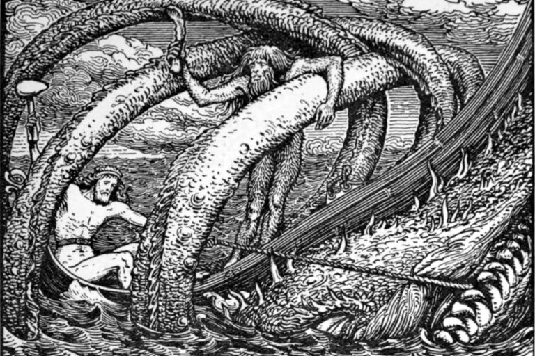 Thor and Hymir fishing for the Midgard Serpent. W. G. Collingwood, 1908