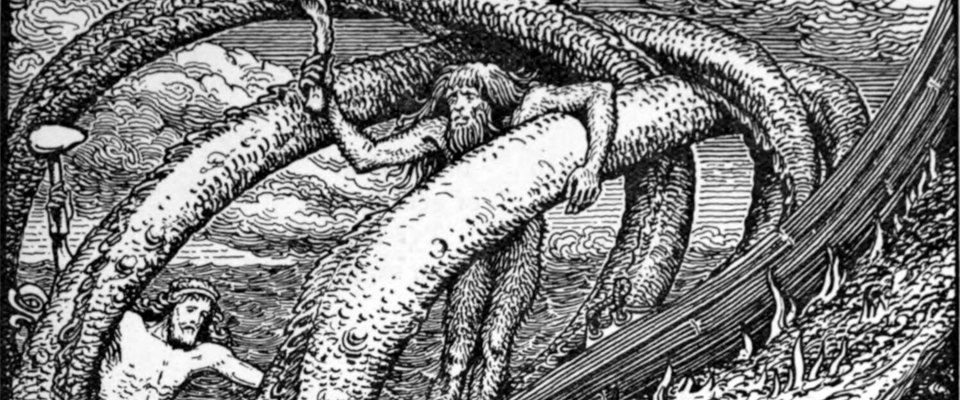 Thor and Hymir fishing for the Midgard Serpent. W. G. Collingwood, 1908