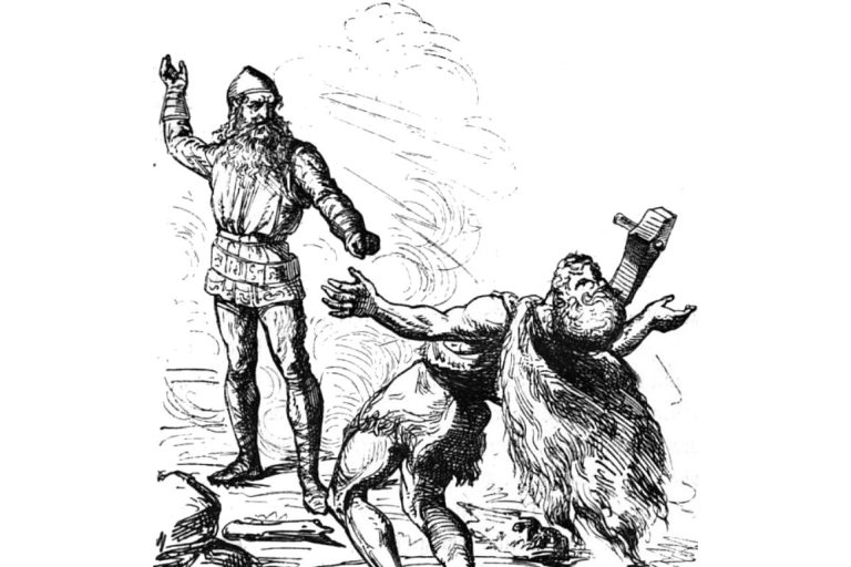 Thor battles Hrungnir. Ludwig Pietsch (1824-1911), Public domain, via Wikimedia Commons