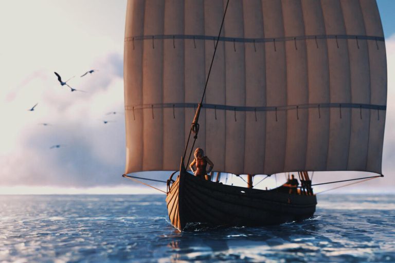 a viking knarr with a square sail