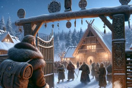 A traveler in a fur-trimmed coat arriving at a Viking village on a snowy evening.