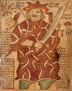 Odin with his ravens Hugin and Munin and his spear, drawn in an 18th-century Icelandic manuscript