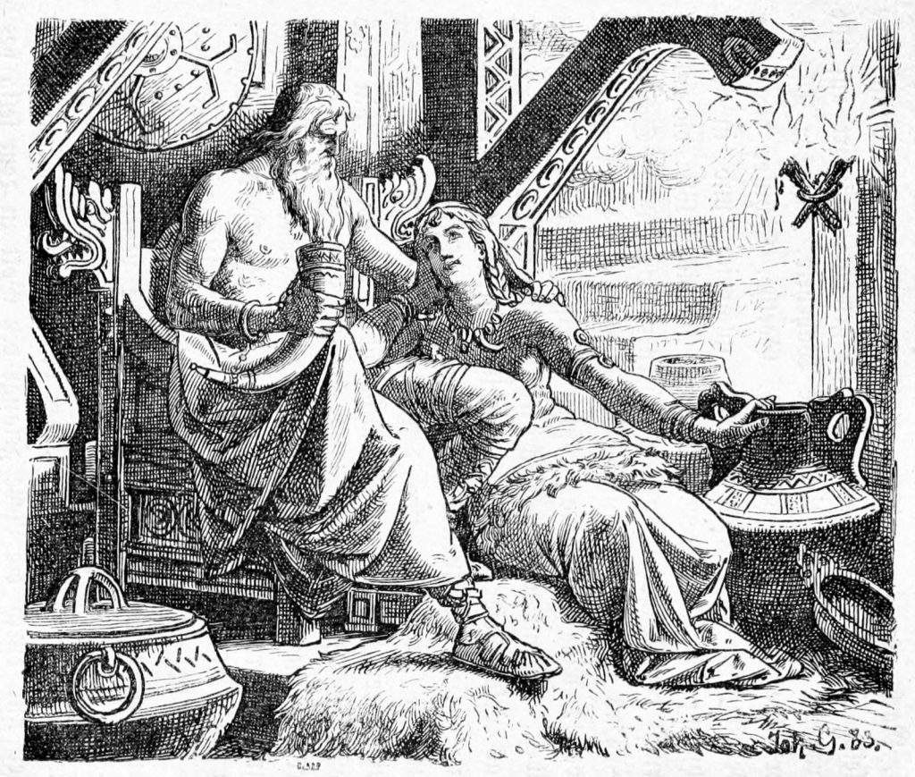 Odin seated with Gunnlöð, who guards the mead vessels inside the mountain. Engraving by Johannes Gehrts