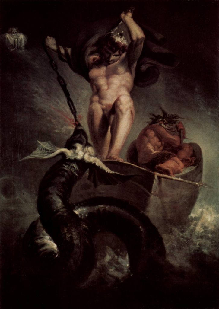 Henry Fuseli’s painting of Thor standing in the boat with his hammer raised over the Midgard Serpent, while Hymir cowers in the stern