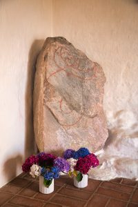The Hordum stone, a Viking Age picture stone in Hordum church, Denmark, carved with Thor and Hymir in a boat and Thor's foot through the hull