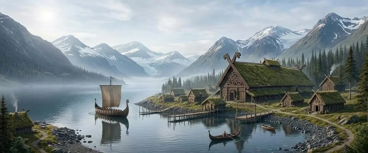 A Viking-age village on an Alaskan fjord: a longship on the water, turf-roofed houses around a great longhall, and a dock sign reading Asgard Alaska, beneath snow-capped mountains