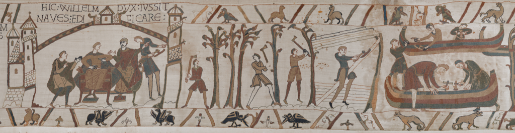 Bayeux Tapestry scene of shipwrights felling trees, shaping planks and building ships at Duke William's order